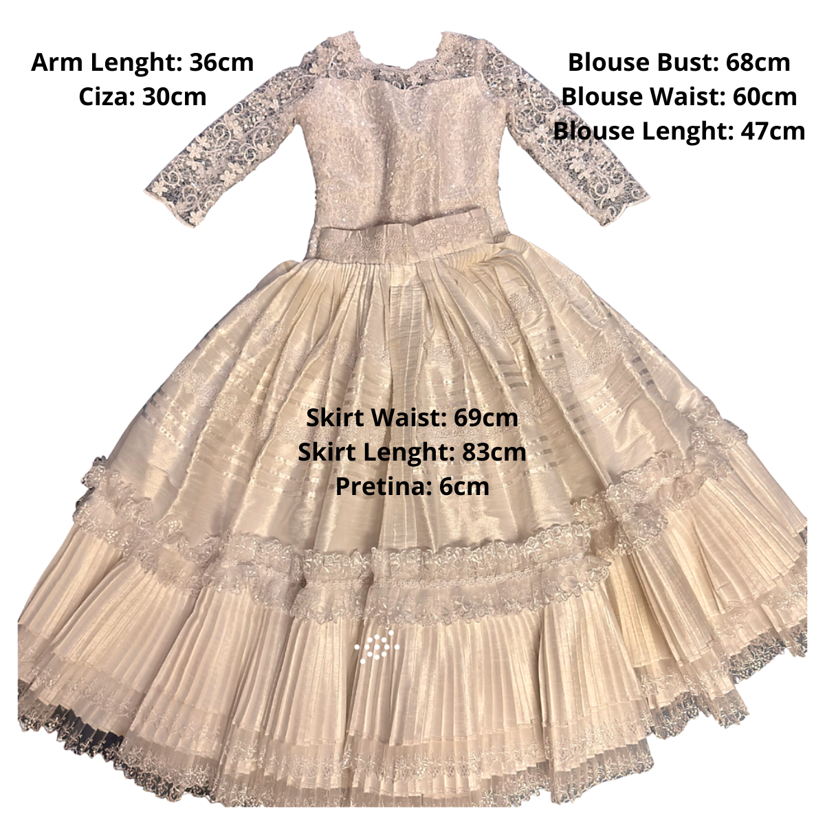 2 Piece - Marinera Norteña Heritage Dress – White European Lace, Brocade and Embellishments