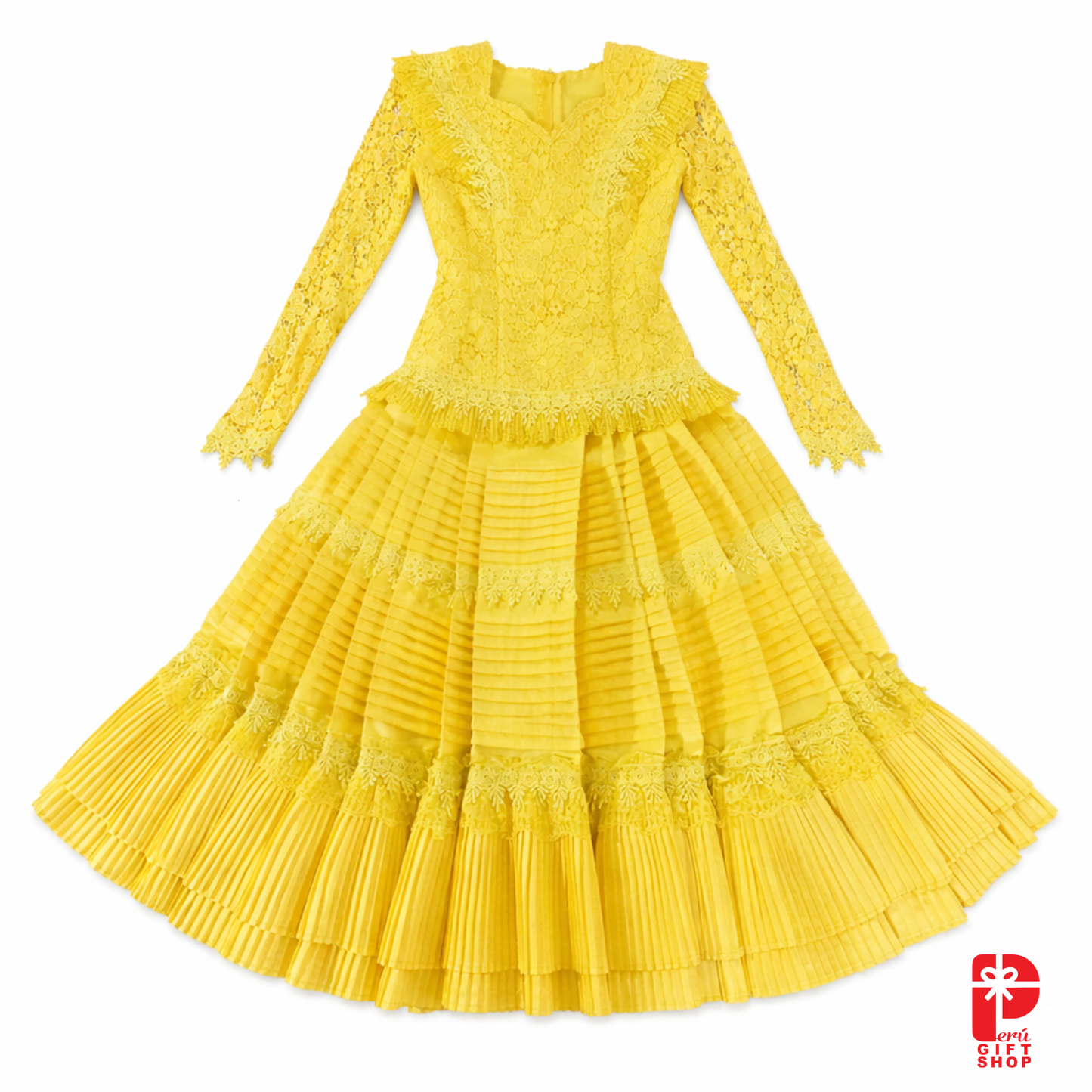 2 Piece Marinera Norteña Heritage Dress – Bright Golden Sun Brocade Edition