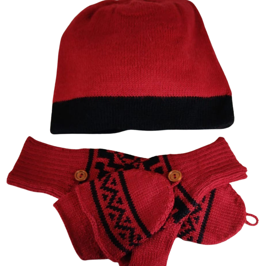 Awki Premium Alpaca Wool Hat and Mittens Matching Set Unisex One Size Fits All - Handmade in Peru | Peru Gift Shop