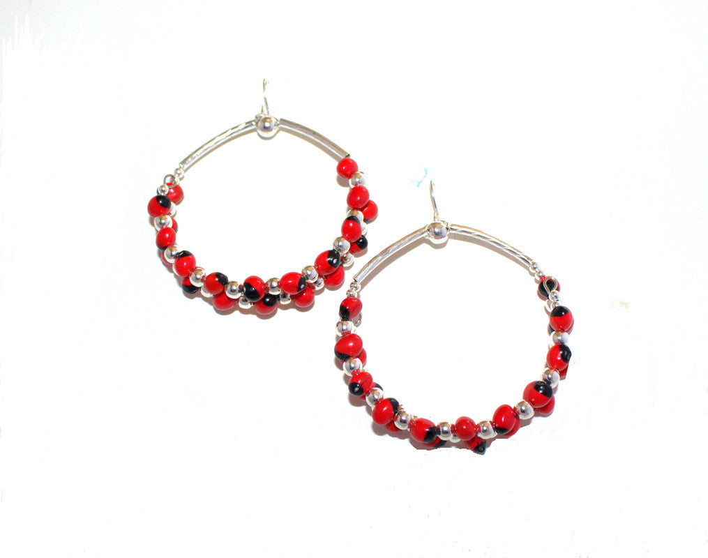 Long Drop Hoop Sterling Silver Dangle Red & Black Good Luck Earrings 2.5"