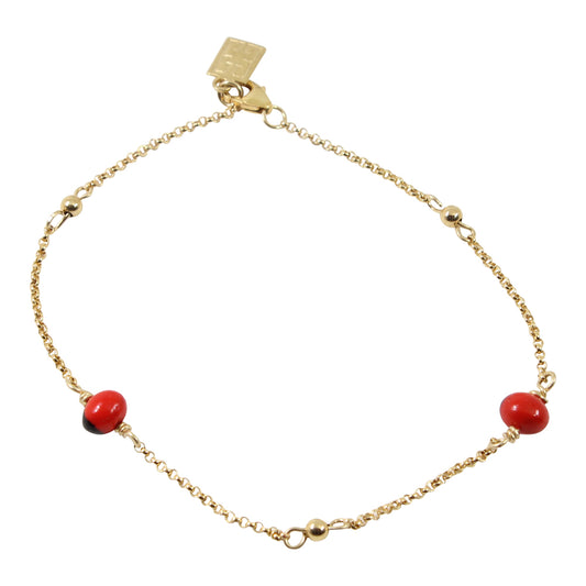Pulsera ajustable clásica rellena de oro de 18 quilates con cuentas de semillas rojas y negras de 6,5 a 7,5 pulgadas 