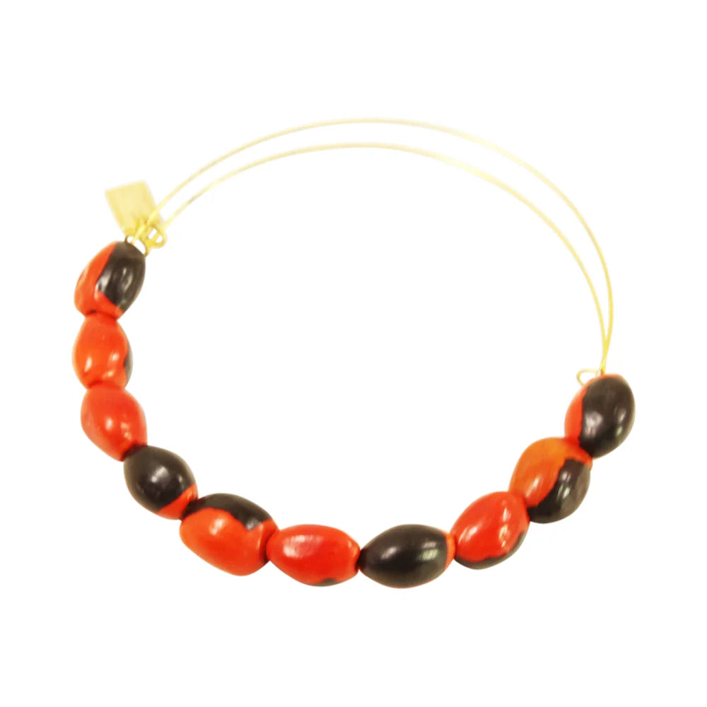 Adjustable Gold and Silver Bangle Bracelet with Huayruro Peruvian Seed Bead - Good Luck Bracelet for Women