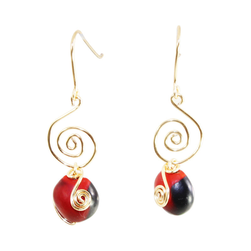 Pendientes largos de plata de ley y rellenos de oro, color rojo y negro, de buena suerte 