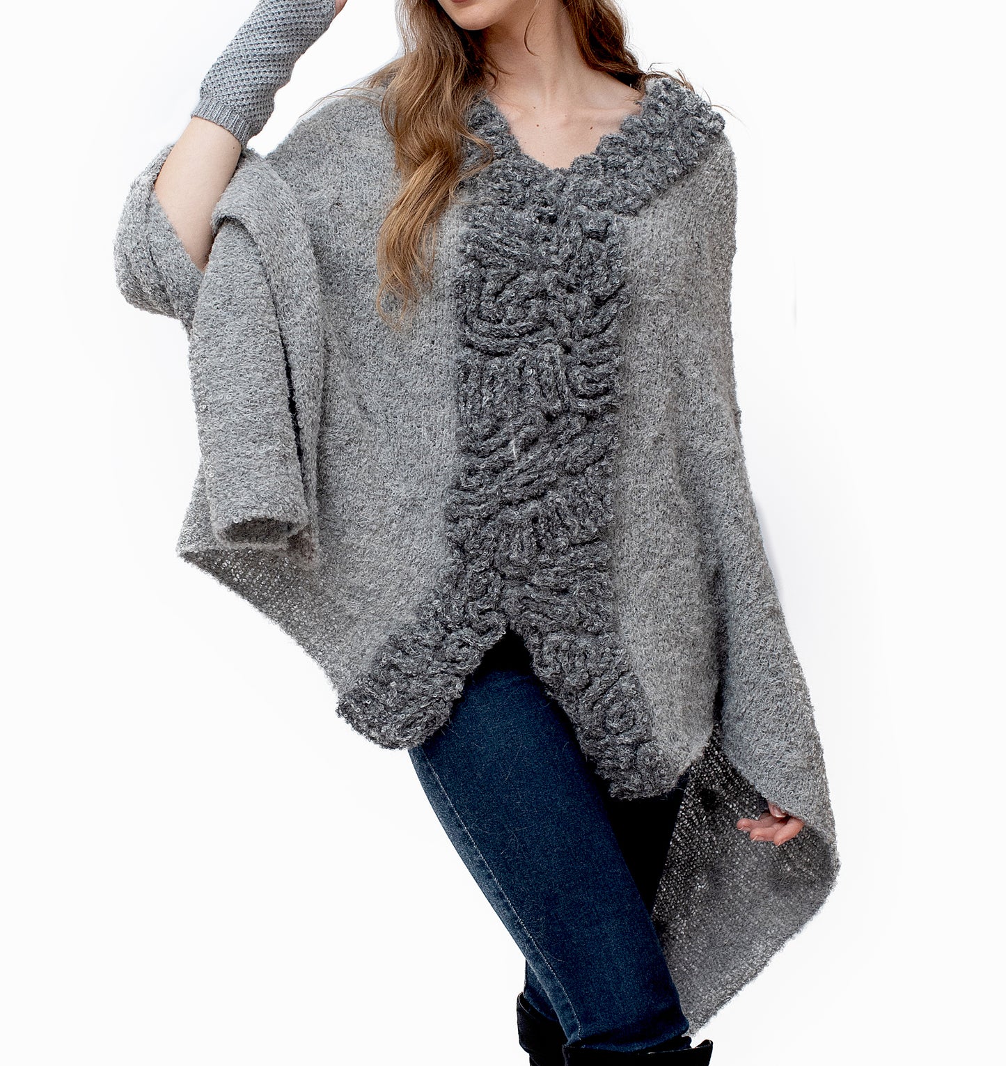 Baby Alpaca - Capa Poncho de Punto "Angela" - Talla Única (Gris)