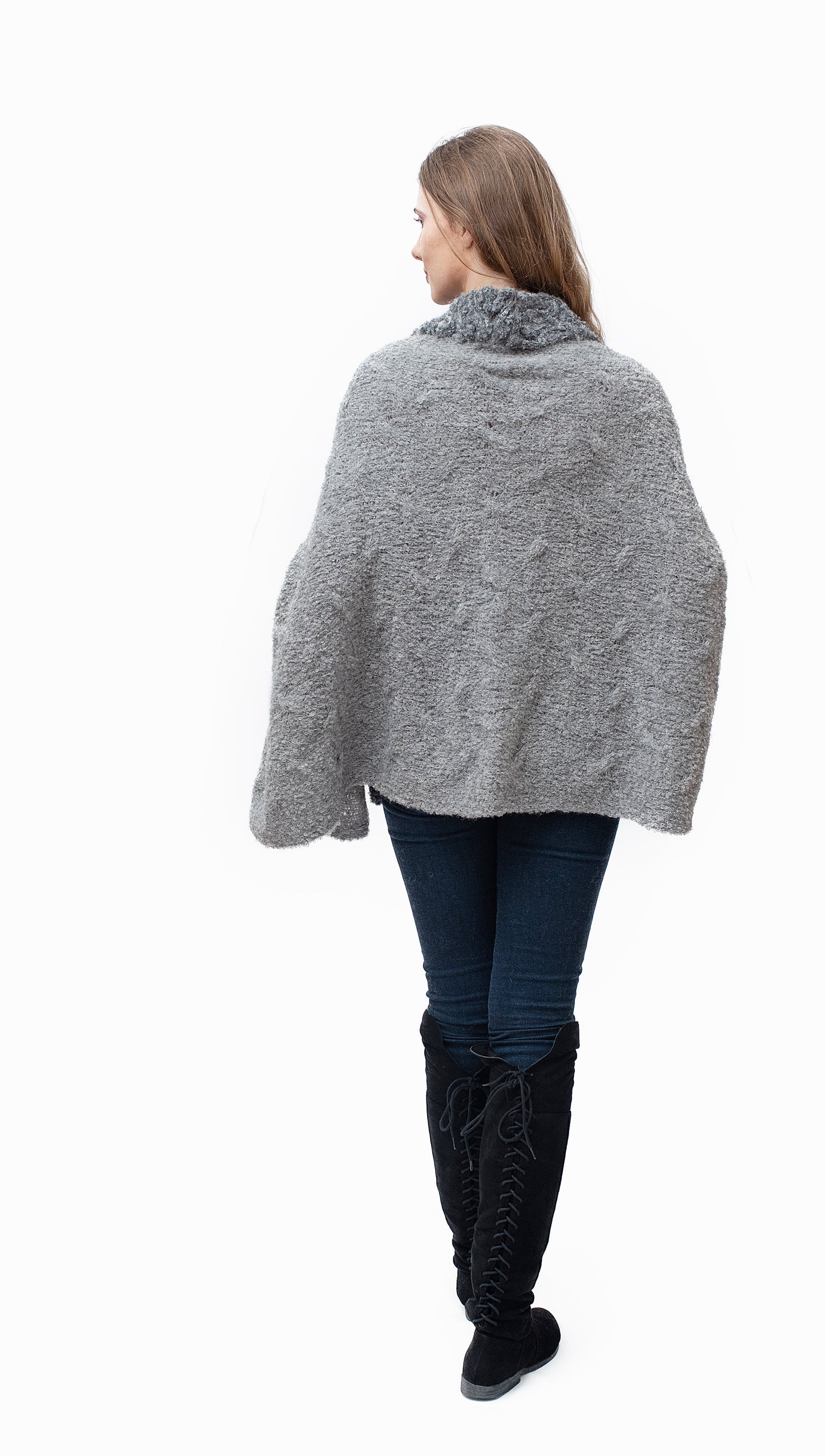 Baby Alpaca - Knit Poncho Cape "Angela" - One Size Fits All (Gray)