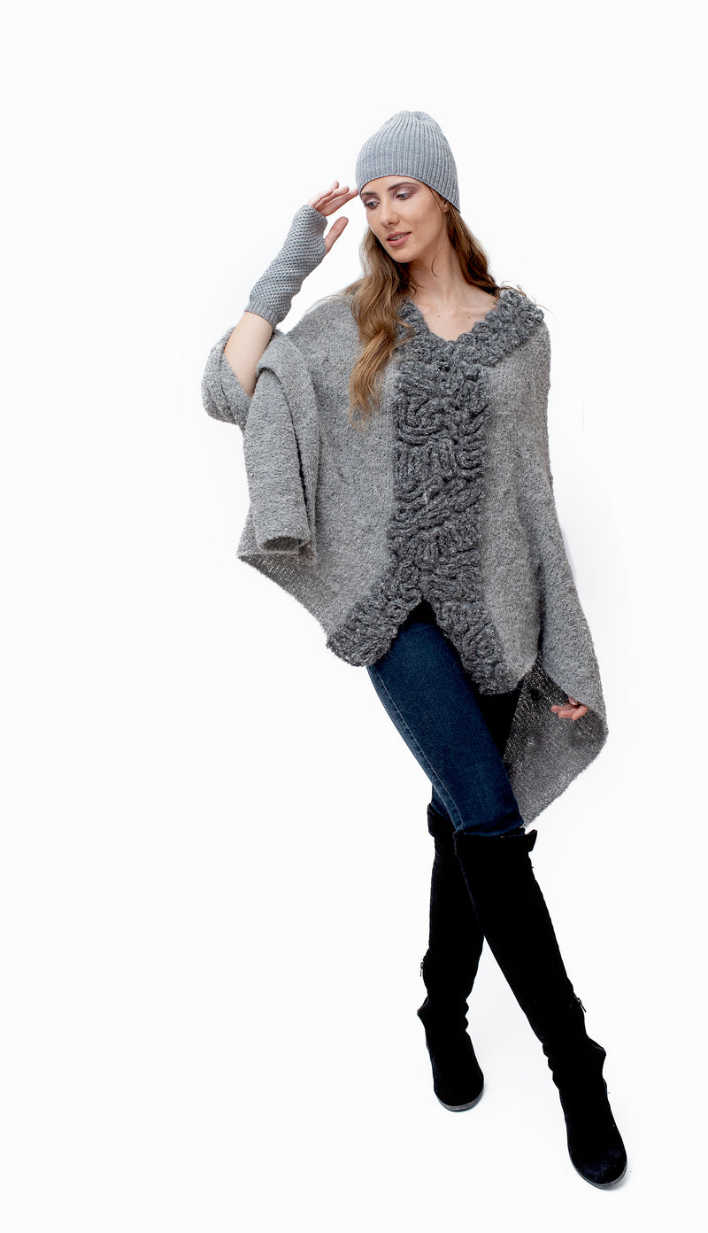 Baby Alpaca - Knit Poncho Cape "Angela" - One Size Fits All (Gray)