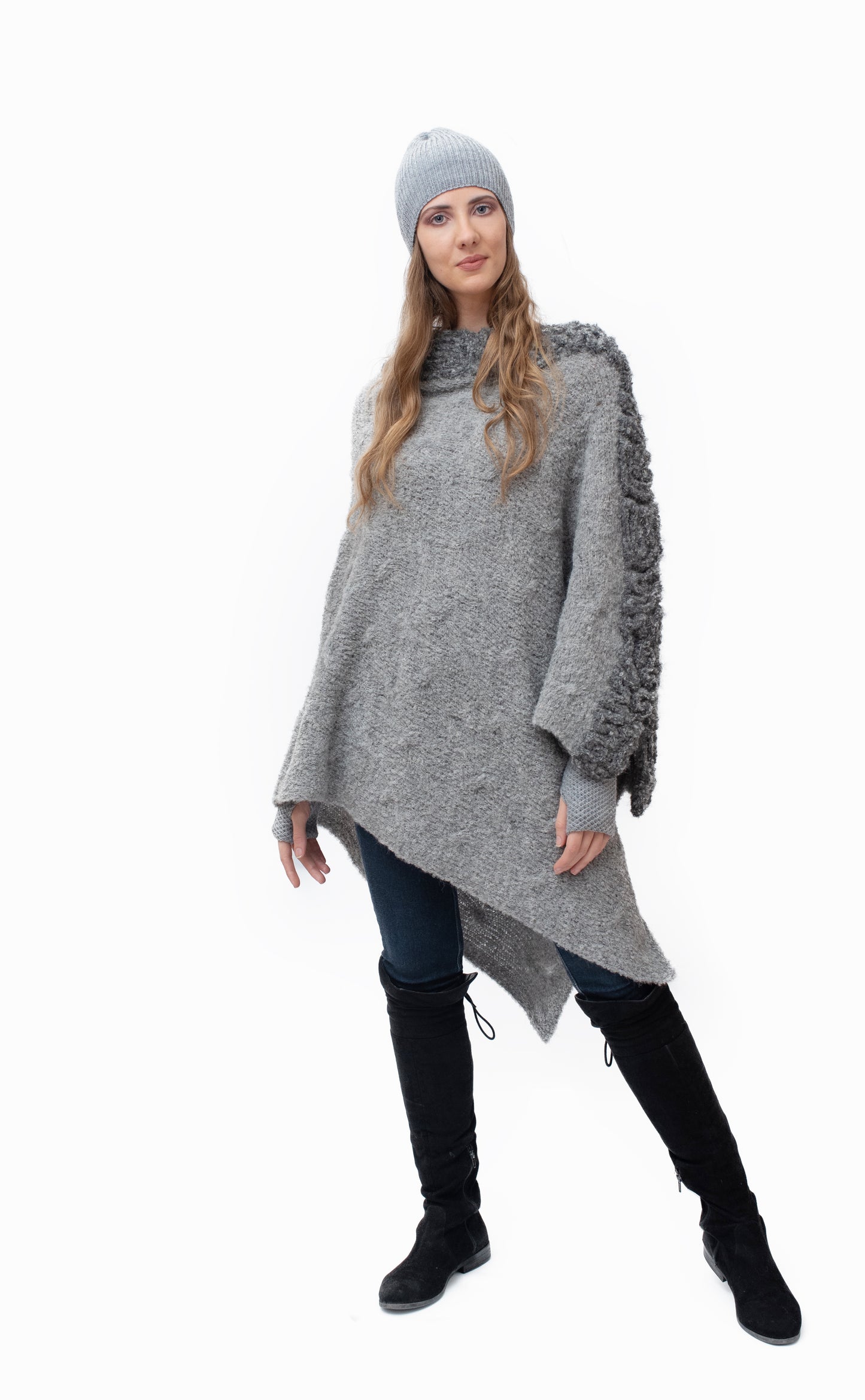 Baby Alpaca - Knit Poncho Cape "Angela" - One Size Fits All (Gray)