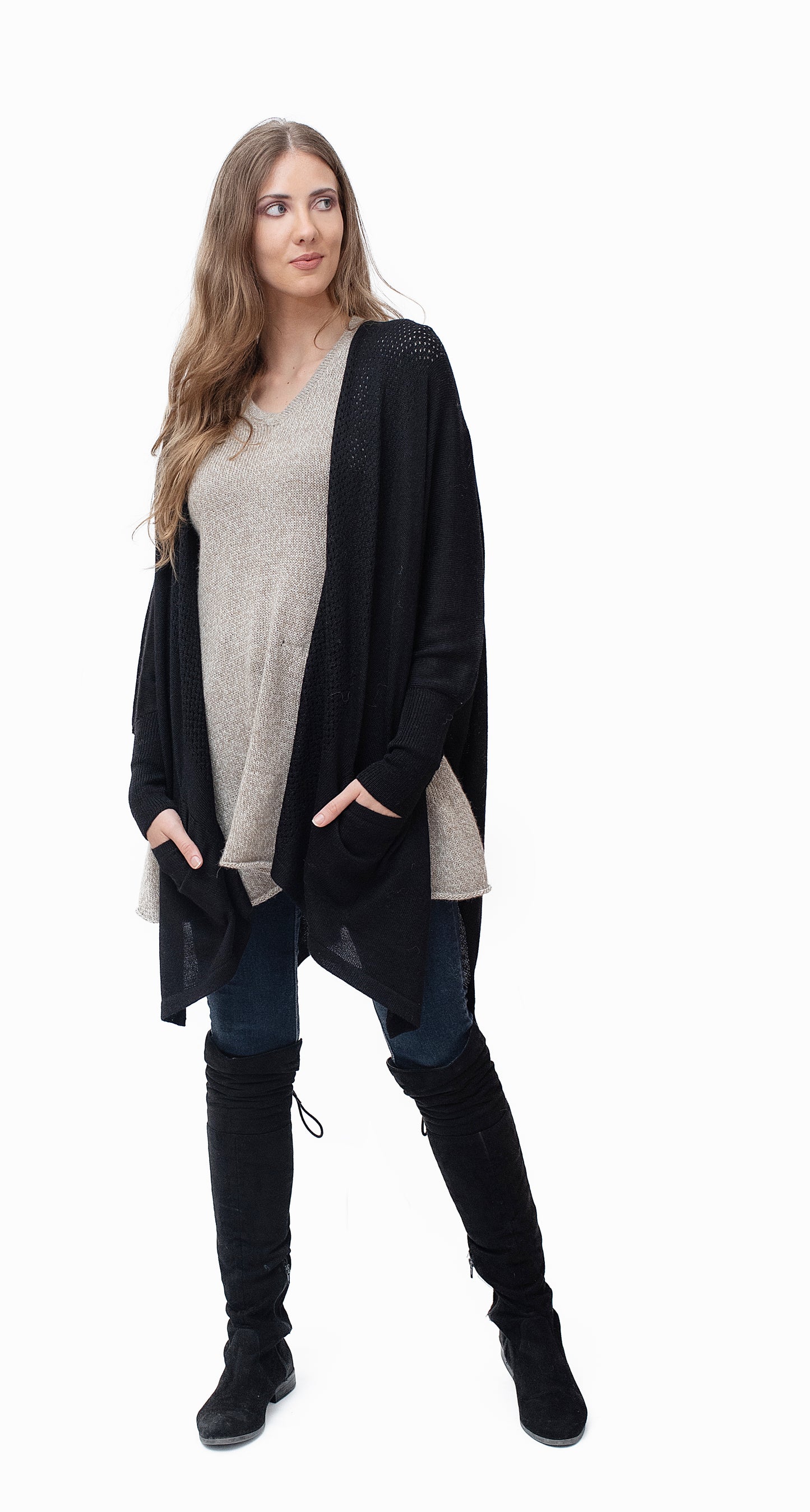 Baby Alpaca - Warm "Nathalie" Knit Light Weight Cardigan  - One Size Fits All (Black)