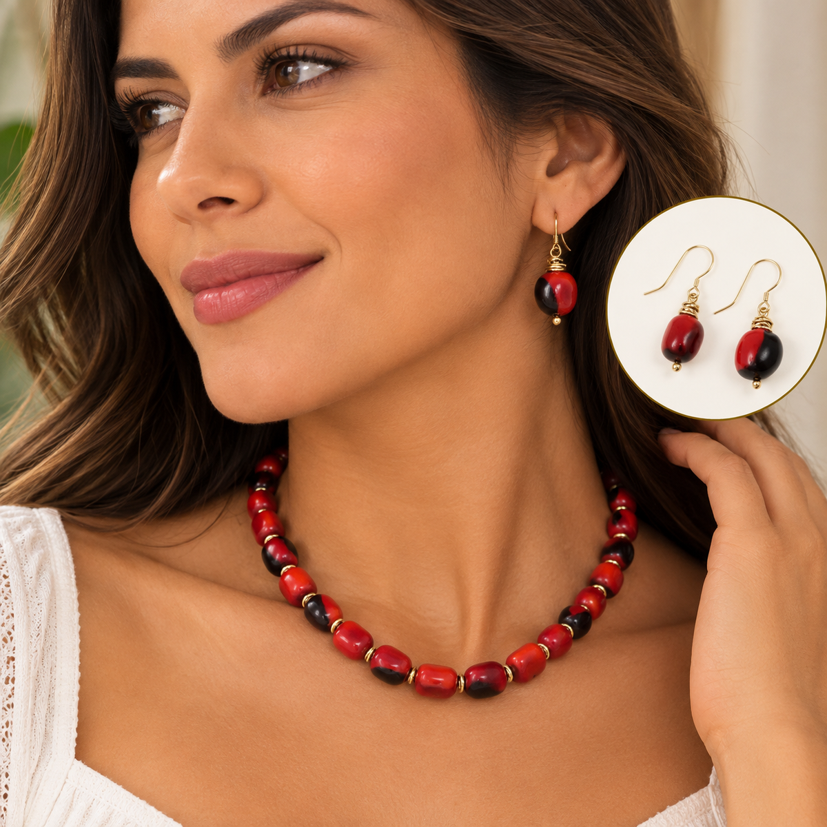 Gold Filled Adjustable Good Luck Necklace 16"-18" & Dangle Huayruro Red & Black Earrings