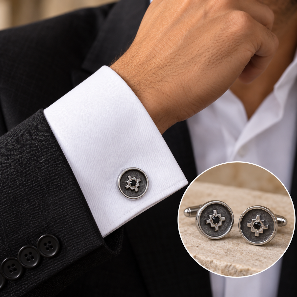 Chakana Inka Cross Round / Square Sterling Silver Cufflinks - Peruvian Sacred Symbol Mens Formal Jewelry