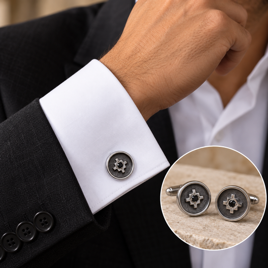 Chakana Inka Cross Round / Square Sterling Silver Cufflinks - Peruvian Sacred Symbol Mens Formal Jewelry