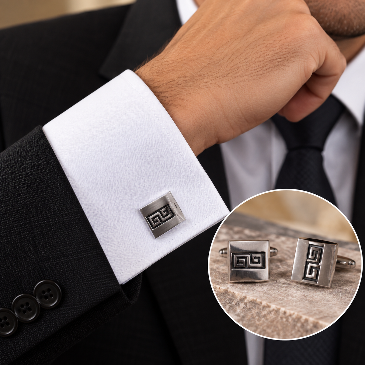 **Moschik Sterling Silver Cufflinks - Peruvian Geometric Handmade Mens Formal Jewelry