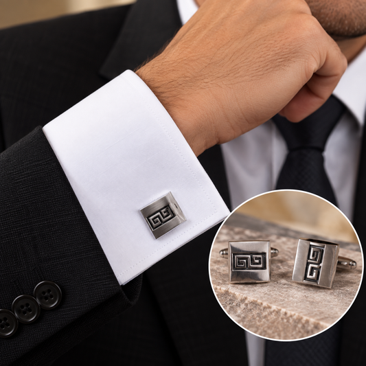**Moschik Sterling Silver Cufflinks - Peruvian Geometric Handmade Mens Formal Jewelry