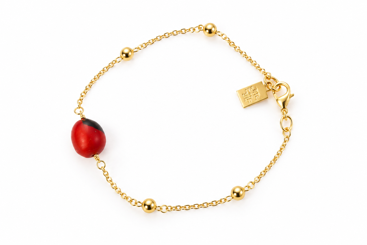 Pulsera ajustable clásica rellena de oro de 18 quilates con cuentas de semillas rojas y negras de 6,5 a 7,5 pulgadas 