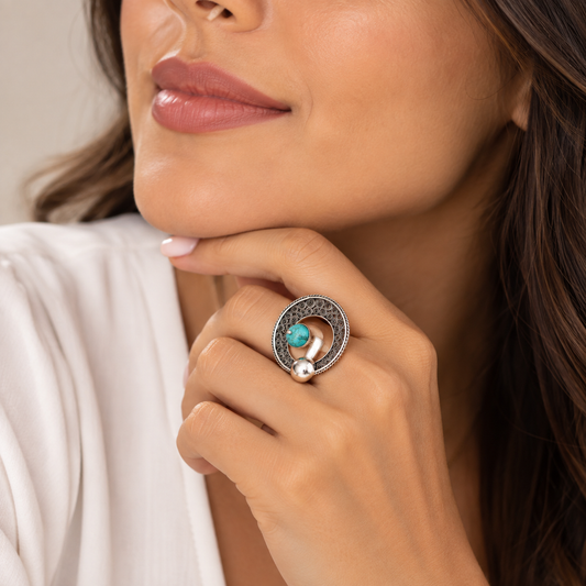 Sterling Silver Filigree Peruvian Turquoise Moon Ring