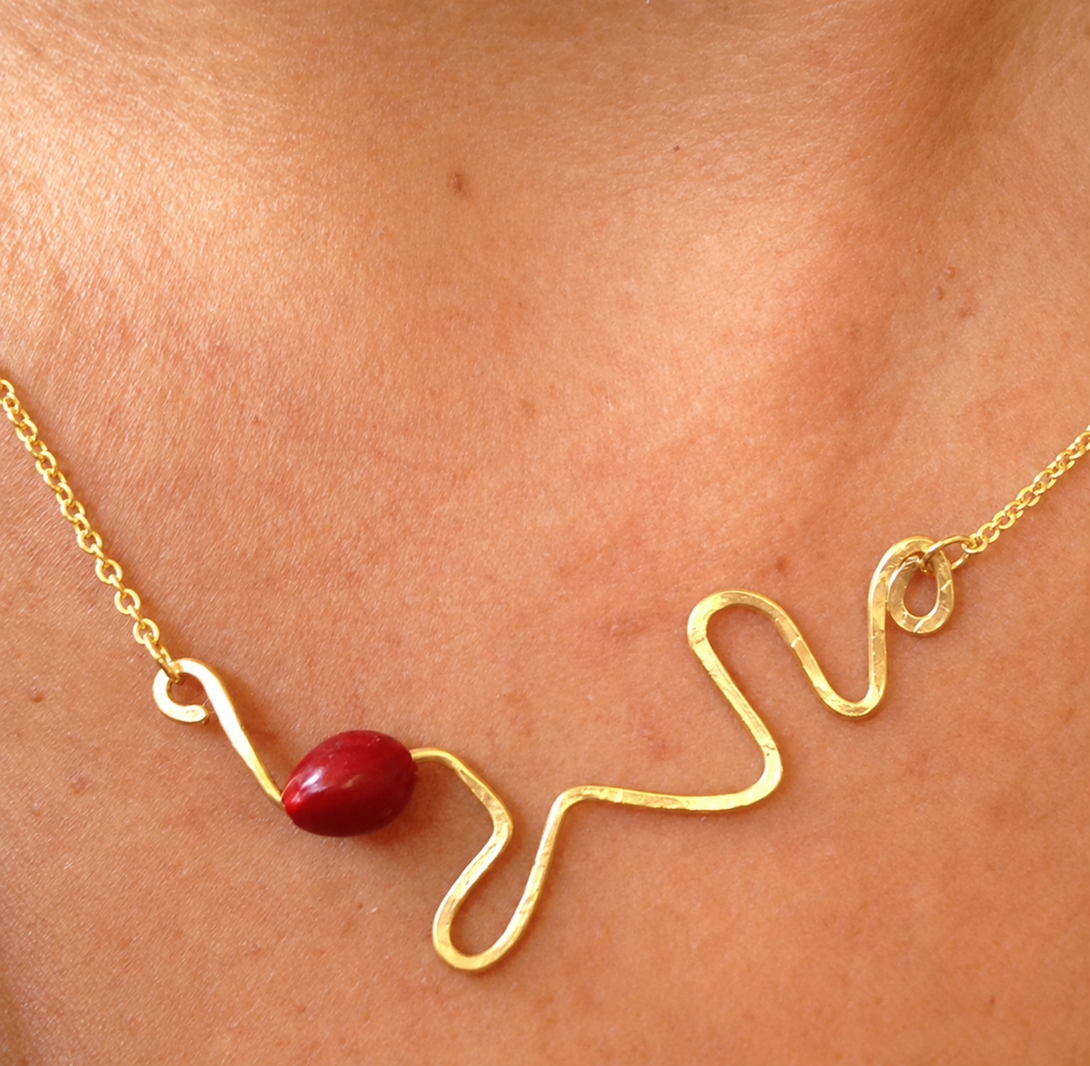 Sterling Silver / Gold Filled Heartbeat Necklace with Gold Huayruro Seed – Handmade Peruvian Good Luck Jewelry (Style 1)