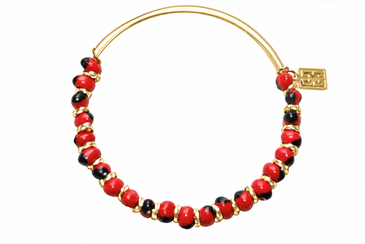 Adjustable Gold and Silver Bangle Bracelet with Huayruro Peruvian Seed Bead - Good Luck Bracelet for Women