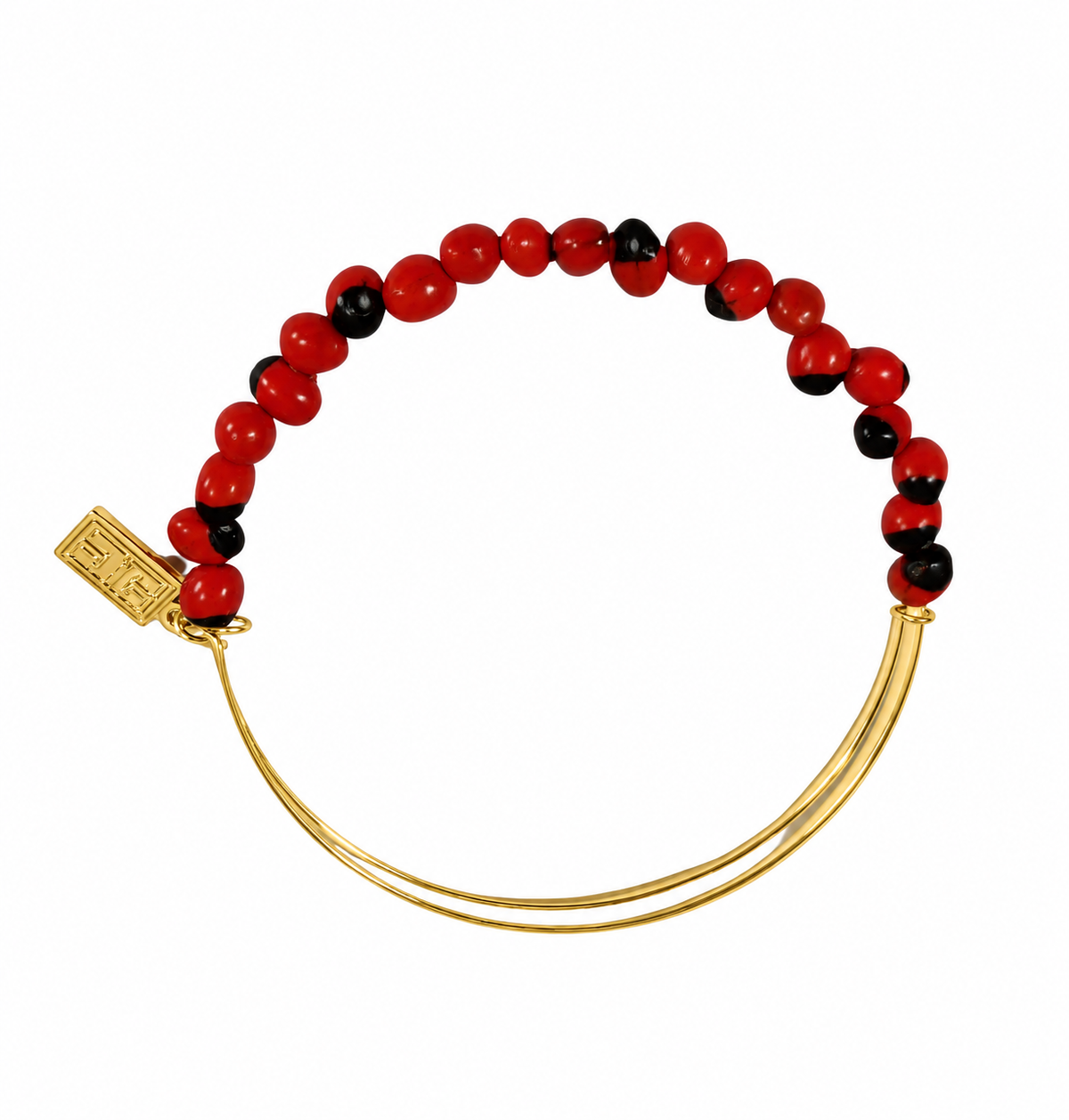 Adjustable Gold and Silver Bangle Bracelet with Huayruro Peruvian Seed Bead - Good Luck Bracelet for Women