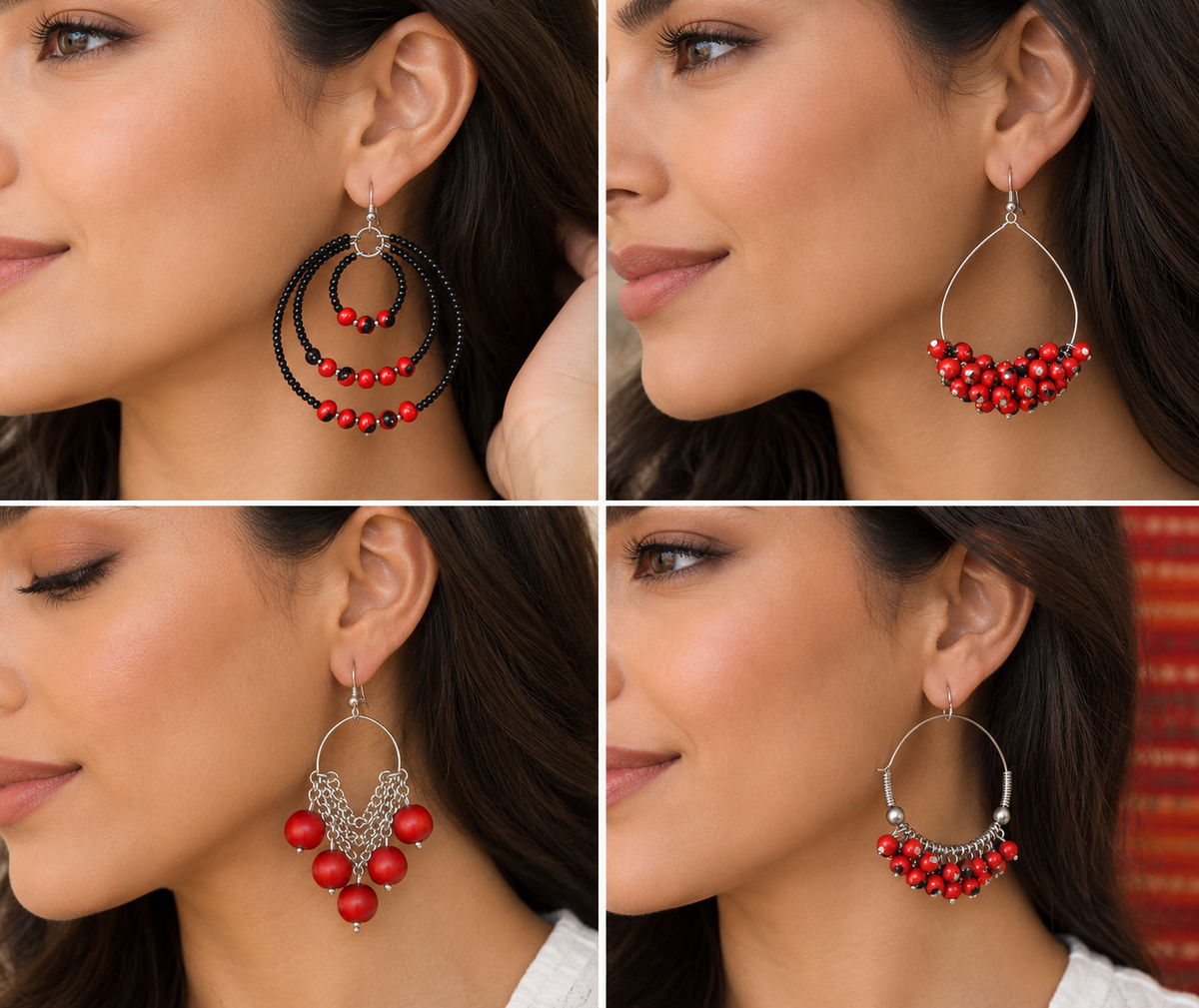 Pendientes largos de plata de ley con forma de aro, color rojo y negro, de buena suerte, 2,2 pulgadas 