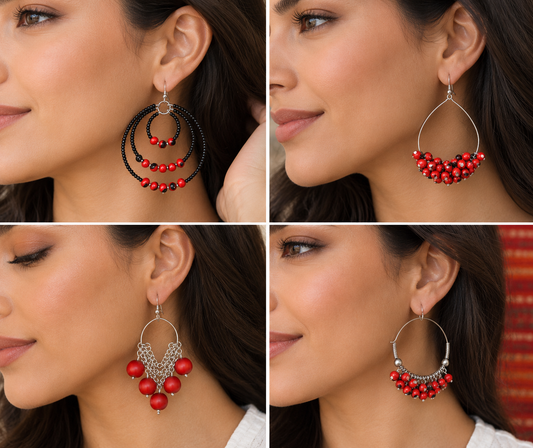 Pendientes largos de plata de ley con forma de aro, color rojo y negro, de buena suerte, 2,2 pulgadas 