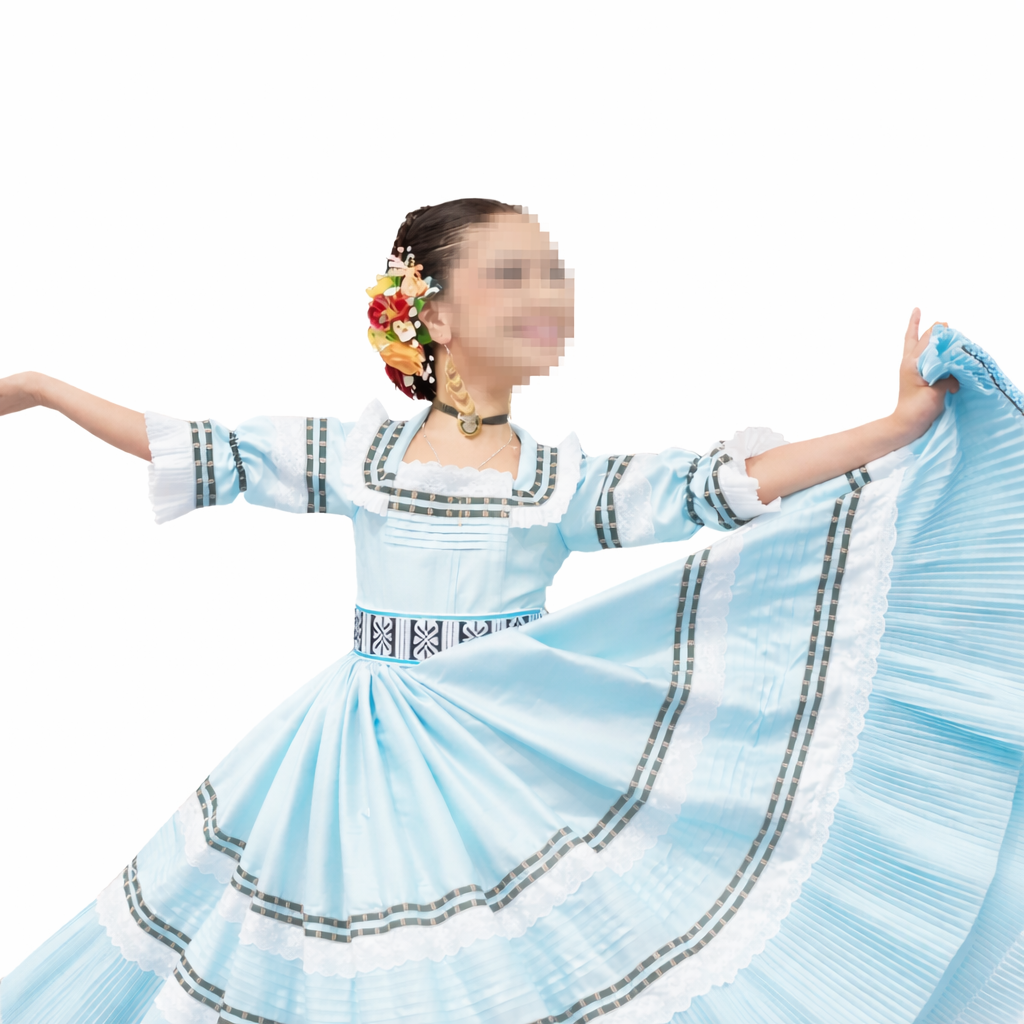 4 Piece - Marinera Norteña Heritage Dress – Celeste Embroidered Ribbon Edition