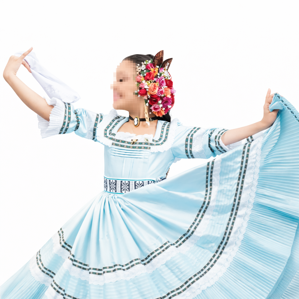 4 Piece - Marinera Norteña Heritage Dress – Celeste Embroidered Ribbon Edition