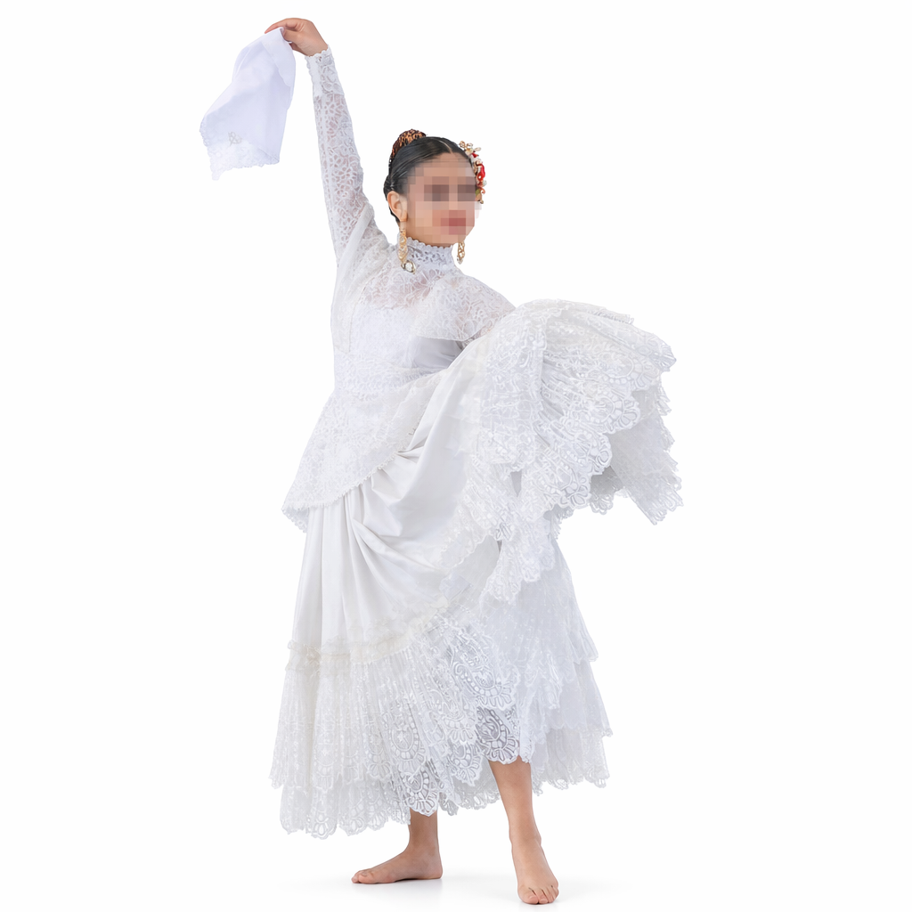 4 Piece Marinera Norteña Heritage Dress - White Bridal Imperial Lace Edition