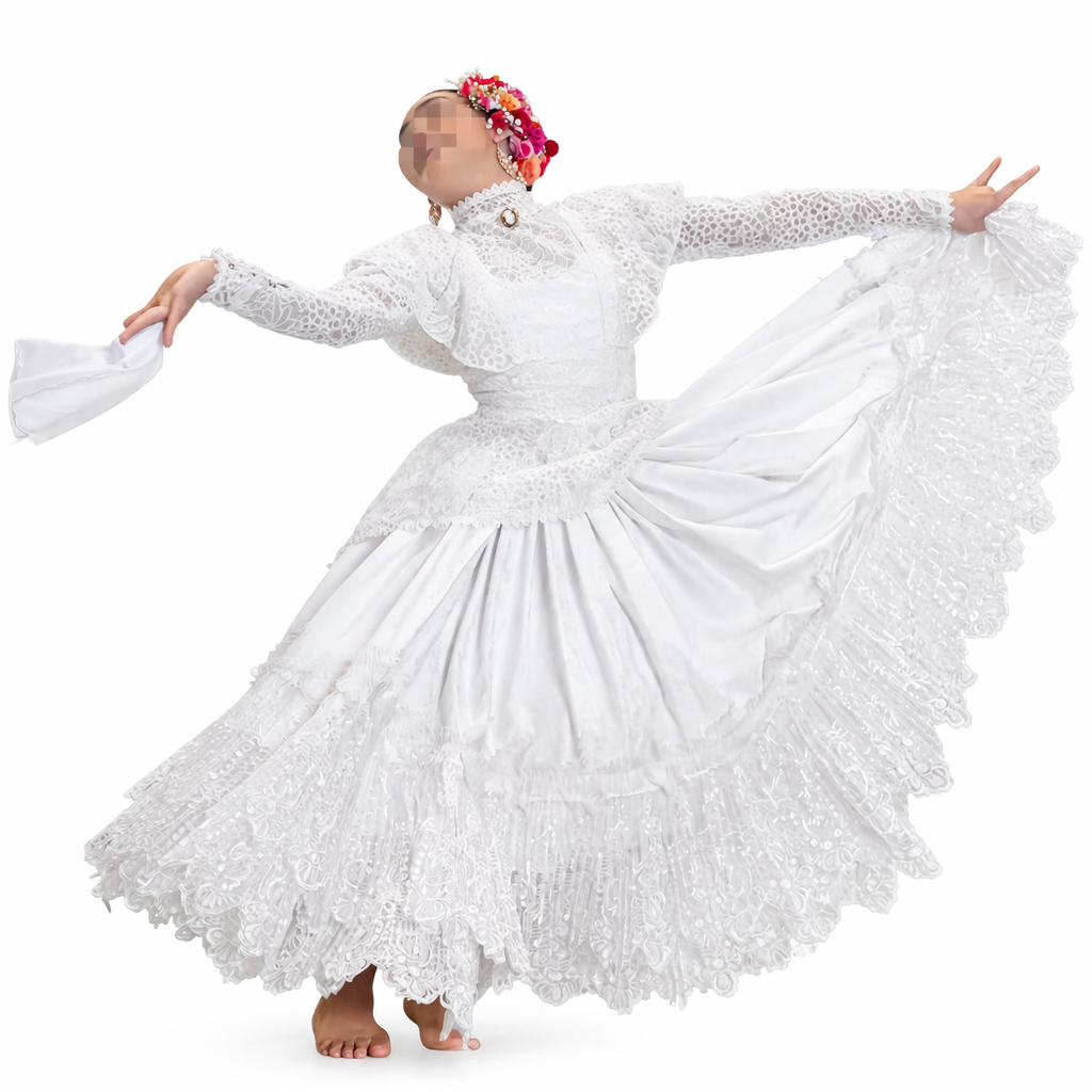4 Piece Marinera Norteña Heritage Dress - White Bridal Imperial Lace Edition
