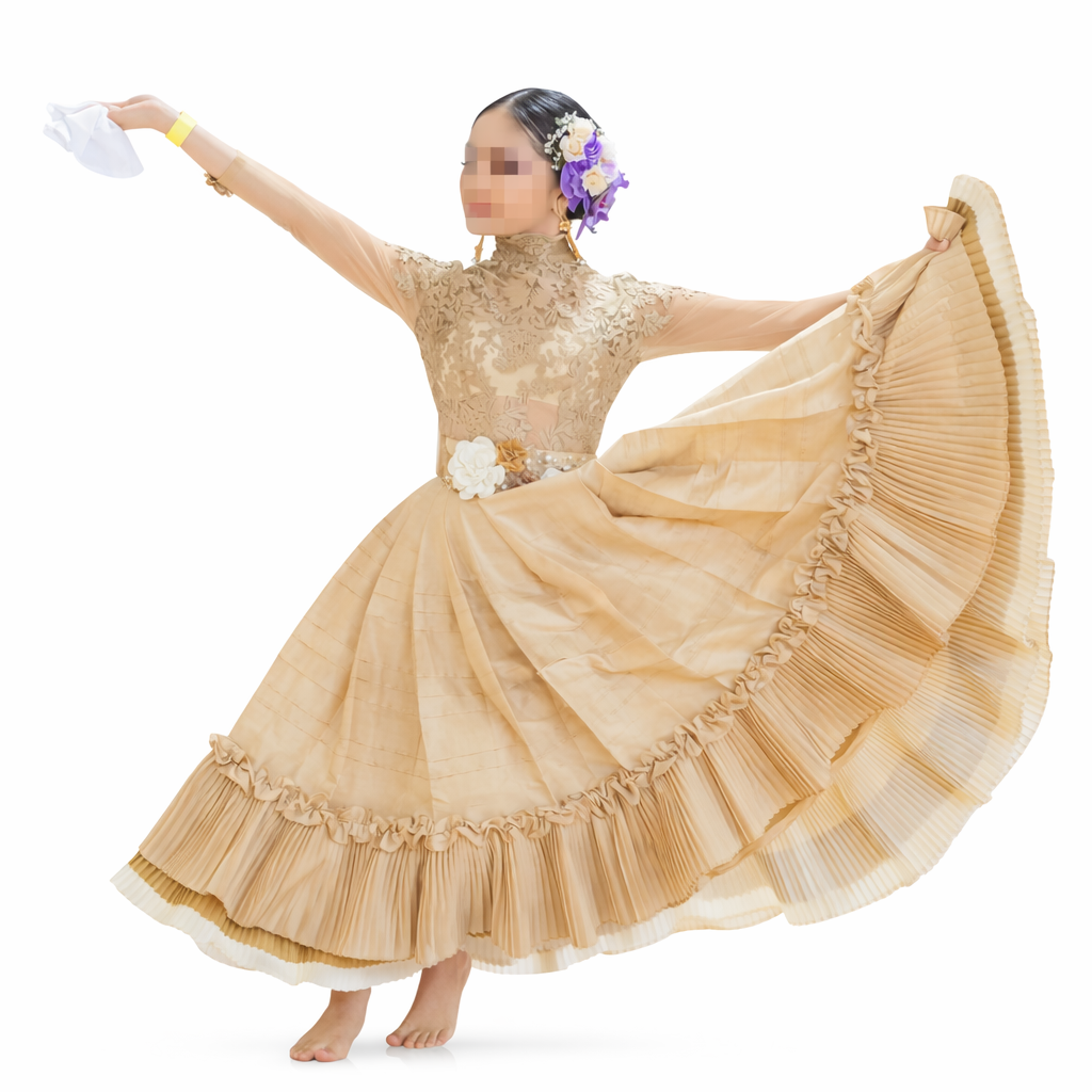 3 Piece - Marinera Norteña Couture Heritage Dress – Iberian Colonial Grandeur - Champagne Lace & Structured Pleated Skirt