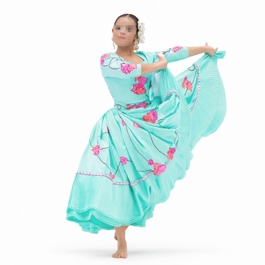 2-Piece Marinera Norteña Heritage Dress – Aqua Floral Contemporary Colonial Elegance