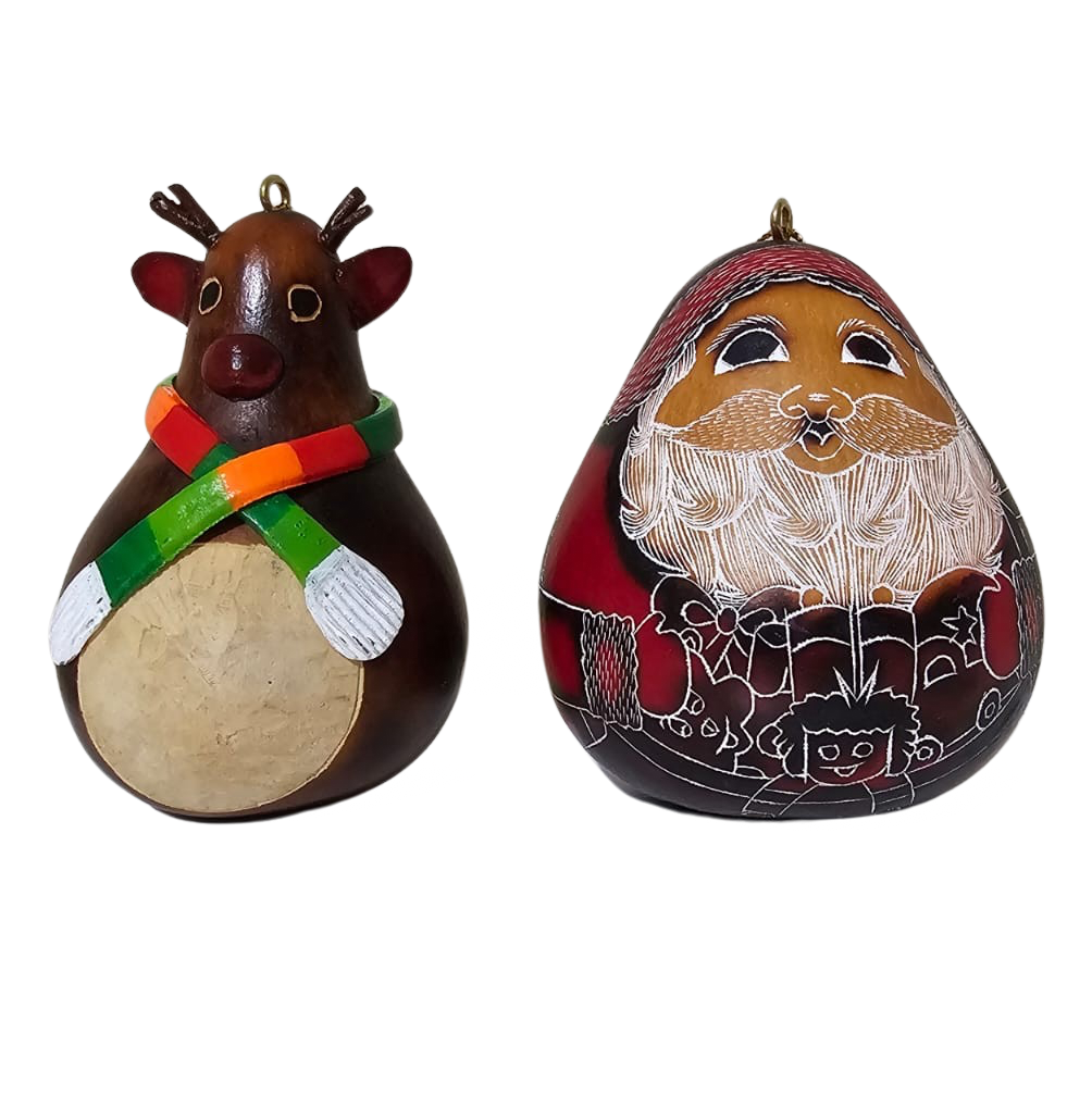 Decoración navideña hecha a mano con adornos de ciervos y Papá Noel - Calabazas tradicionales peruanas (juego de dos)