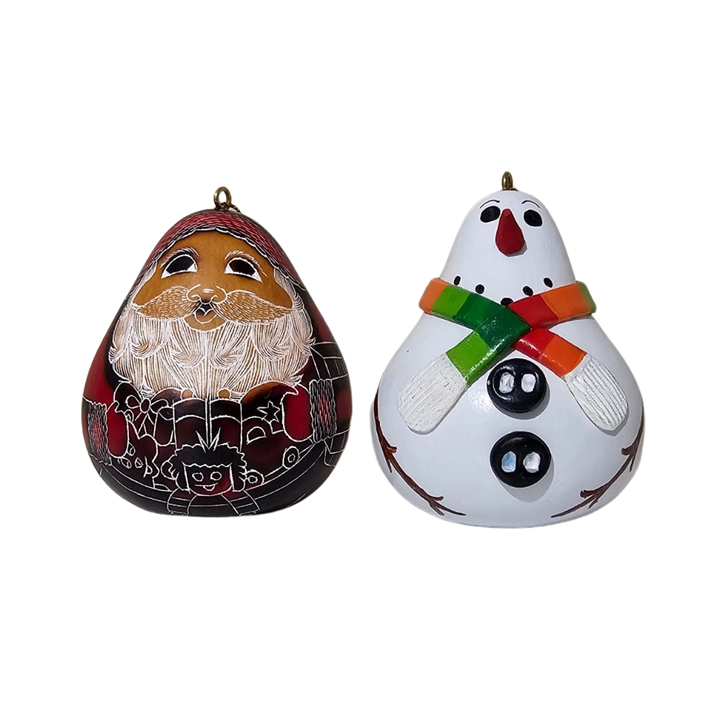 Cute Handmade Christmas Snow Man & Santa Claus Ornament Decoration - Peruvian Traditional Gourds (1 x $18.95 & Set of Two $32.95)