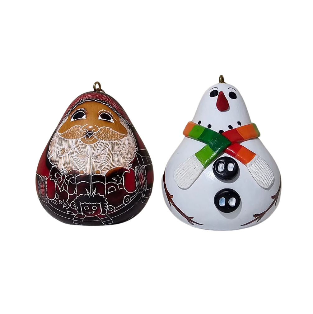 Handmade snowman and Santa Claus Peruvian gourd Christmas ornament single or set of two