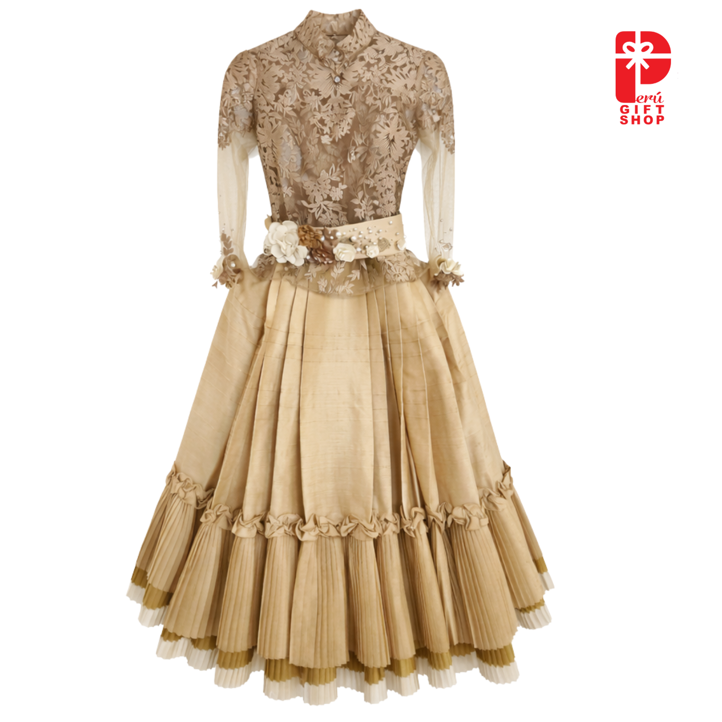 3 Piece - Marinera Norteña Couture Heritage Dress – Iberian Colonial Grandeur - Champagne Lace & Structured Pleated Skirt