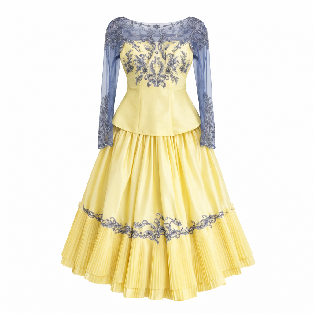 Marinera Nortena yellow dress with crystal teal blue lace sleeves Elegant Spanish Inspired Influence
