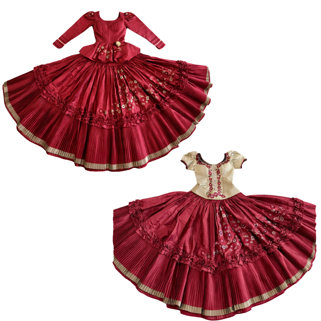 5 Piece - Marinera Norteña Heritage Dress – Burgundy Lace & Embroidered Elegance Edition