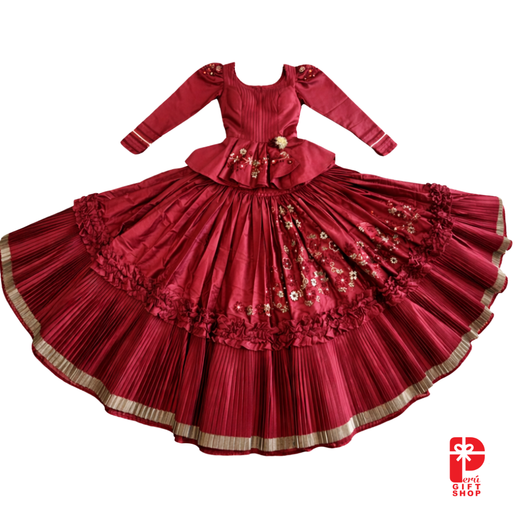5 Piece - Marinera Norteña Heritage Dress – Burgundy Lace & Embroidered Elegance Edition