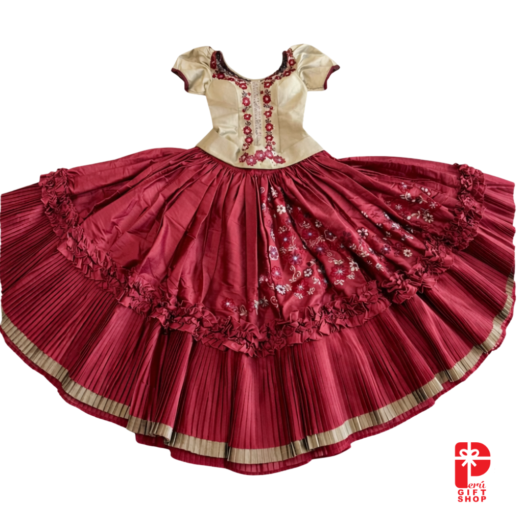 5 Piece - Marinera Norteña Heritage Dress – Burgundy Lace & Embroidered Elegance Edition