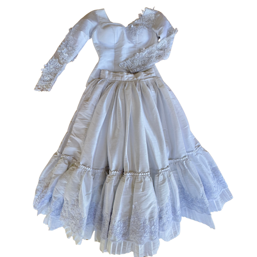 2 Piece - Marinera Norteña Heritage Dress – White European Lace, Brocade and Embellishments