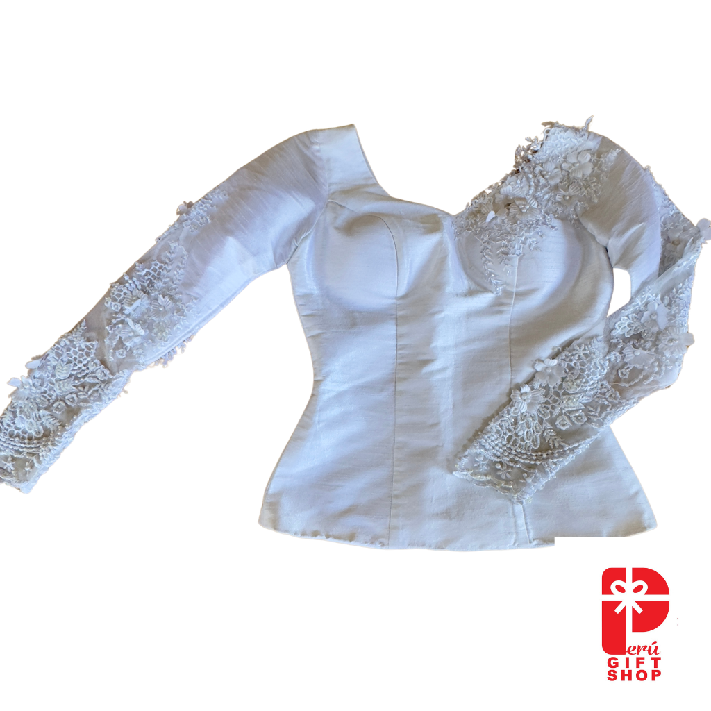 2 Piece - Marinera Norteña Heritage Dress – White European Lace, Brocade and Embellishments