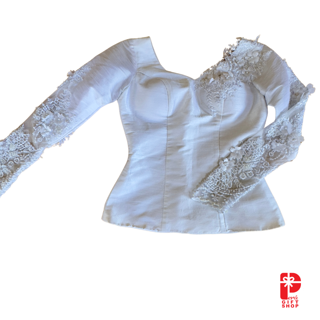 2 Piece - Marinera Norteña Heritage Dress – White European Lace, Brocade and Embellishments