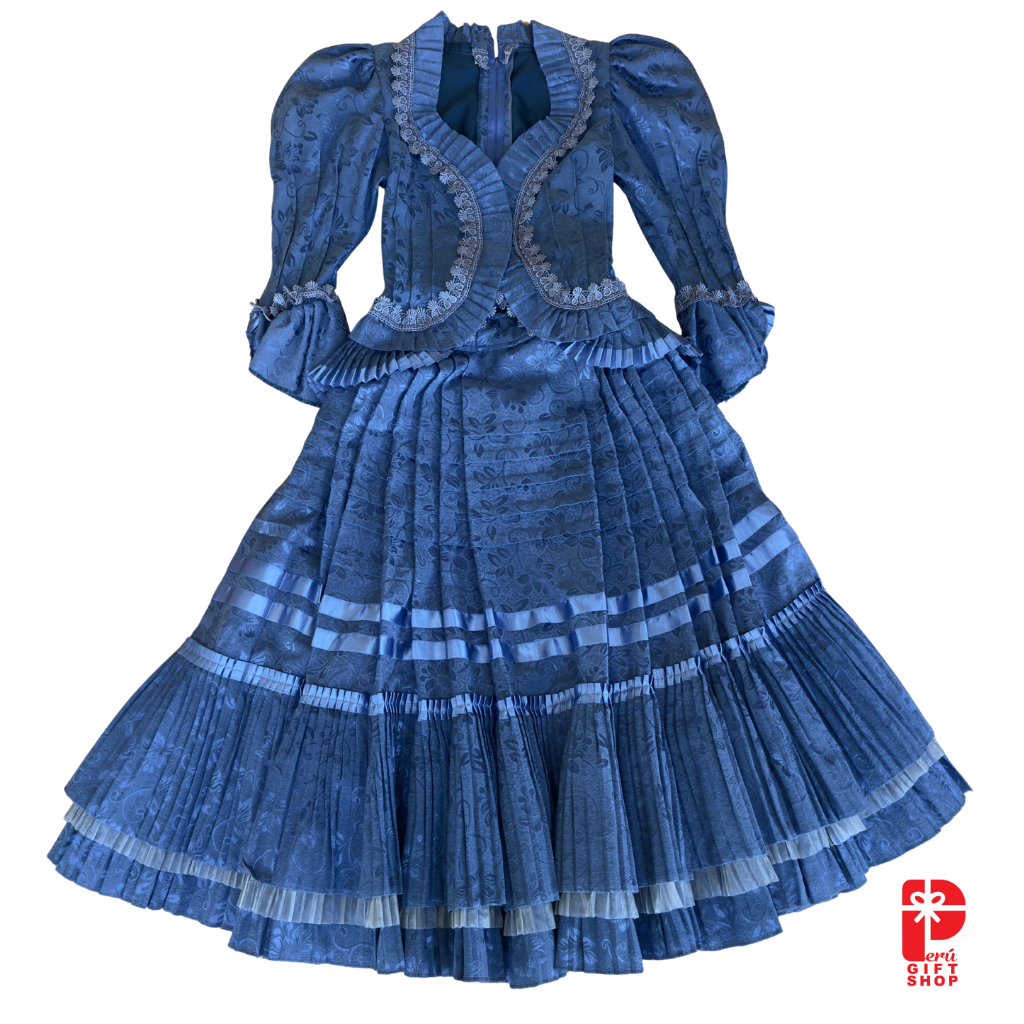 2 Piece - Marinera Norteña Heritage Dress - Blue Brocade Pleated Elegance Edition