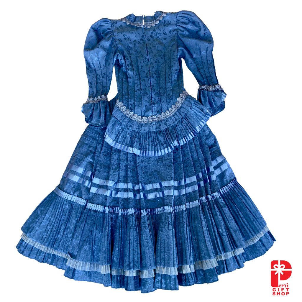 2 Piece - Marinera Norteña Heritage Dress - Blue Brocade Pleated Elegance Edition