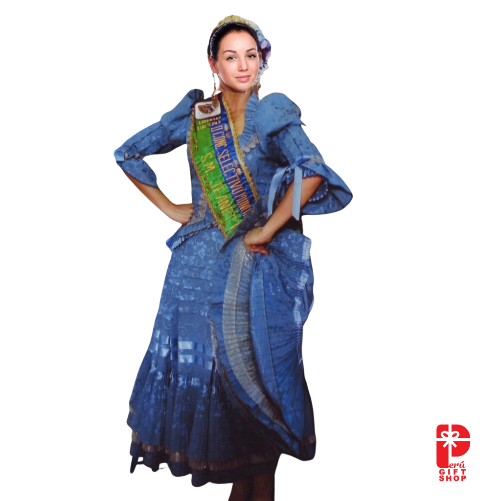 2 Piece - Marinera Norteña Heritage Dress - Blue Brocade Pleated Elegance Edition