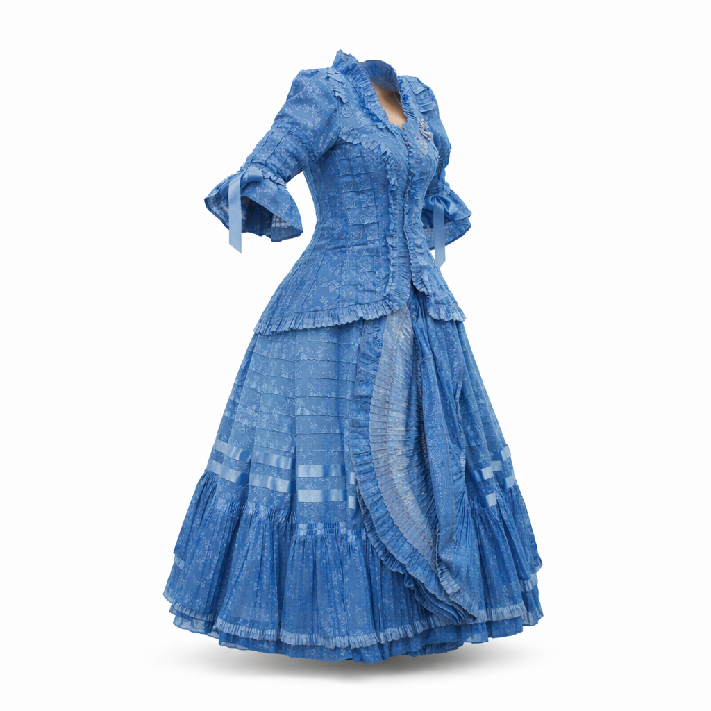 2 Piece - Marinera Norteña Heritage Dress - Blue Brocade Pleated Elegance Edition