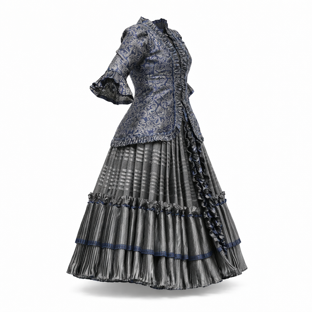 2 Piece - Marinera Norteña Heritage Dress – Silver and Blue Colonial Edition