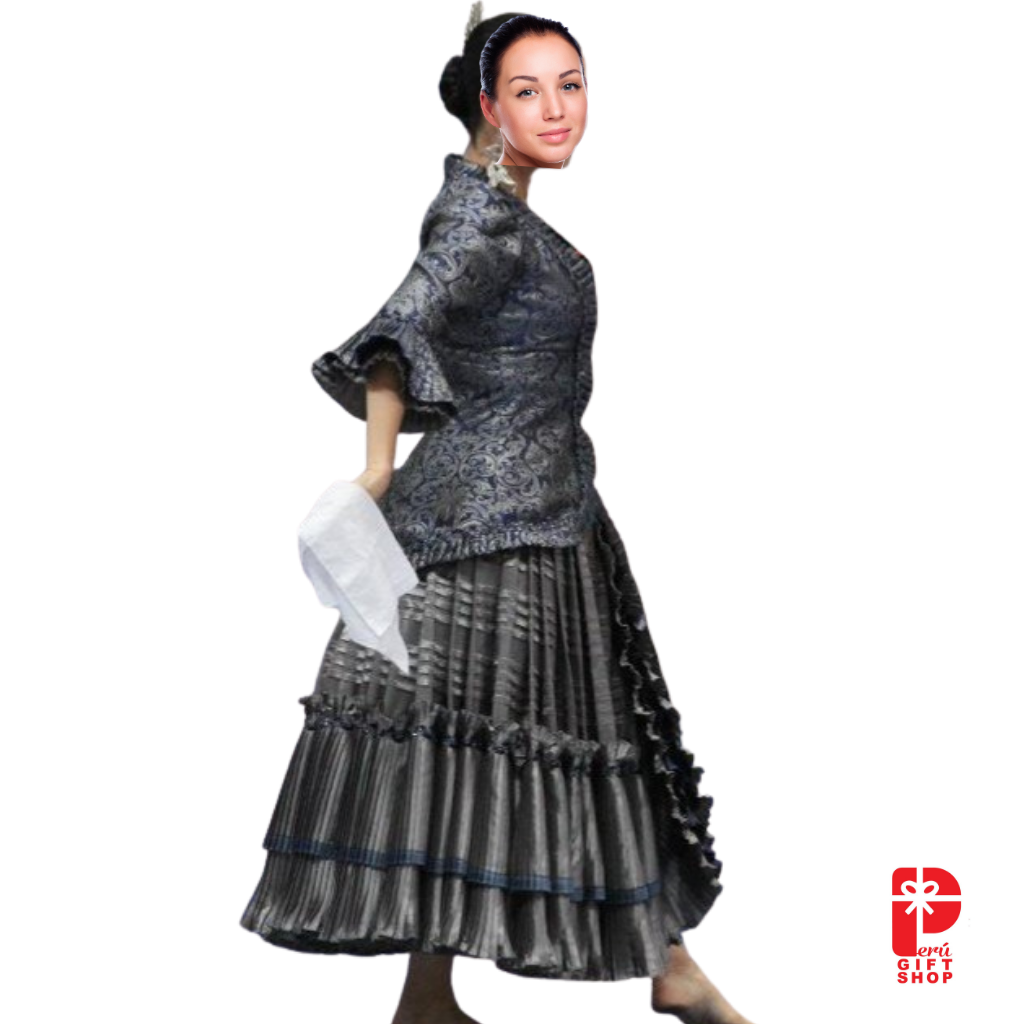 2 Piece - Marinera Norteña Heritage Dress – Silver and Blue Colonial Edition