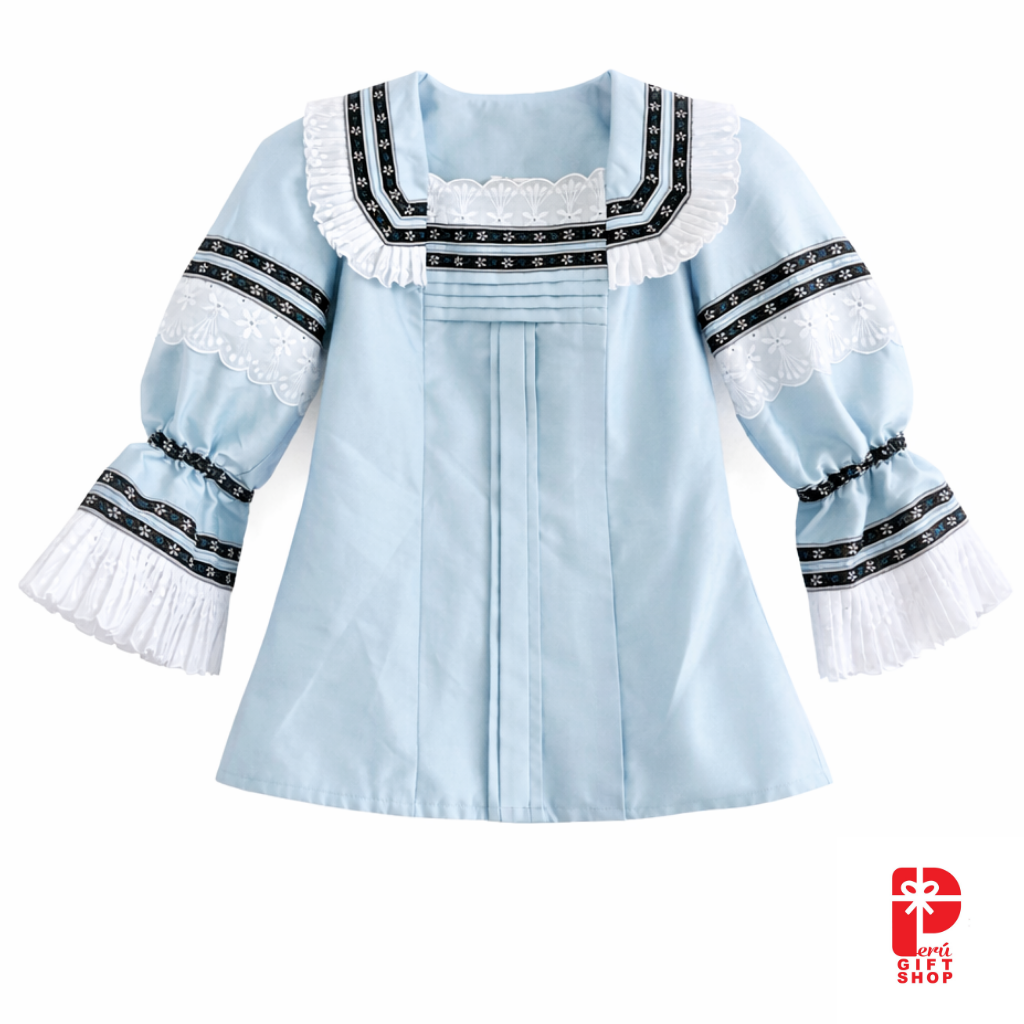 4 Piece - Marinera Norteña Heritage Dress – Celeste Embroidered Ribbon Edition