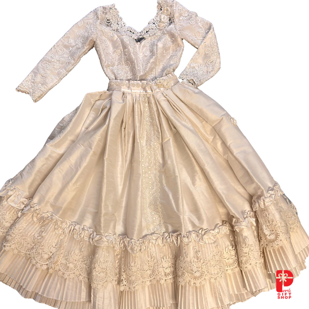 2 Piece - Marinera Norteña Heritage Dress – White European Lace, Brocade and Embellishments