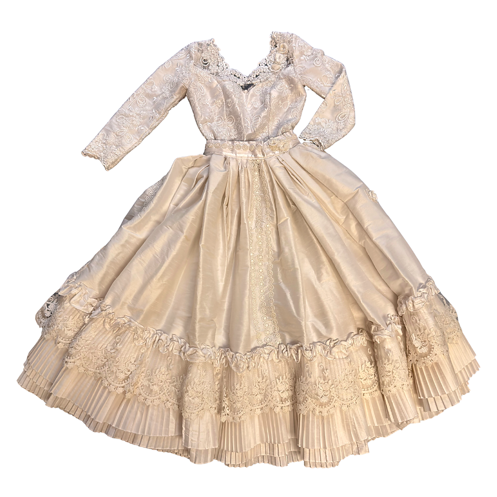 2 Piece - Marinera Norteña Heritage Dress – White European Lace, Brocade and Embellishments